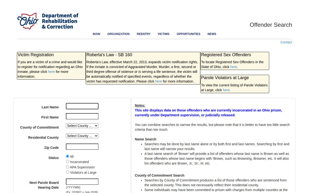 Ohio ODRC offender search form with status filters