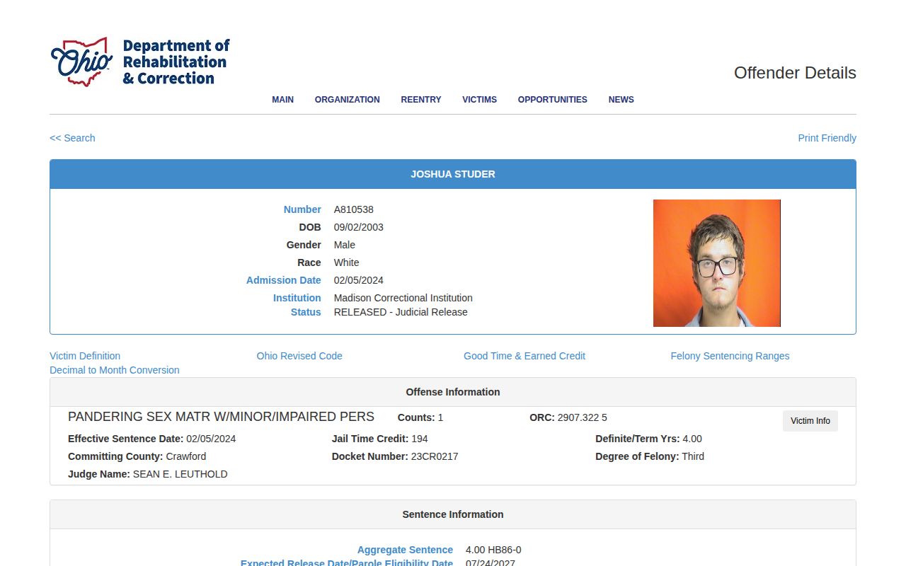Example ODRC released offender detail fields